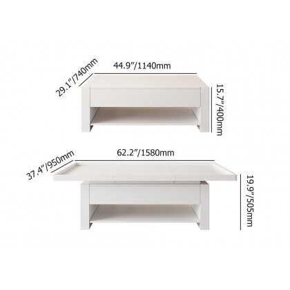 HMR - 62.2" Modern White Extendable Gaming Coffee Table Fluted with Open Storage