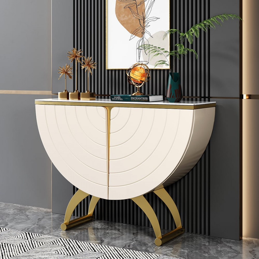 HMR - Modern Gold Console Table Sintered Stone Top Entryway Storage Cabinet with Doors