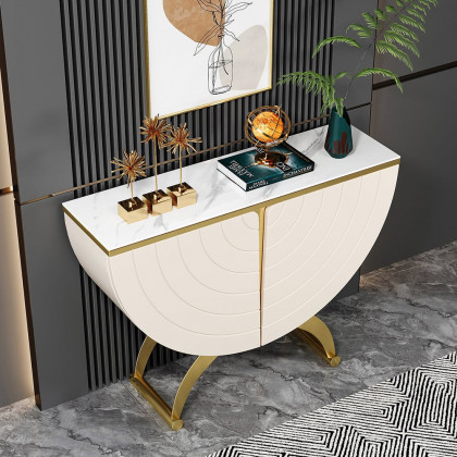 HMR - Modern Gold Console Table Sintered Stone Top Entryway Storage Cabinet with Doors