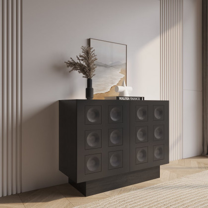 HMR - 41" Black Sideboard Buffet Doors&Drawers Modern Circle Patterned Kitchen Cabinet