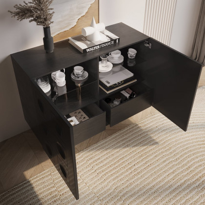 HMR - 41" Black Sideboard Buffet Doors&Drawers Modern Circle Patterned Kitchen Cabinet