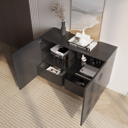 HMR - 41" Black Sideboard Buffet Doors&Drawers Modern Circle Patterned Kitchen Cabinet