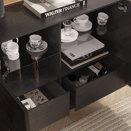 HMR - 41" Black Sideboard Buffet Doors&Drawers Modern Circle Patterned Kitchen Cabinet