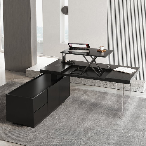 HMR 71.5" Modern L-Shape Standing Executive Desk with Side Cabinet and lifter Desktop - Black, Left Hand