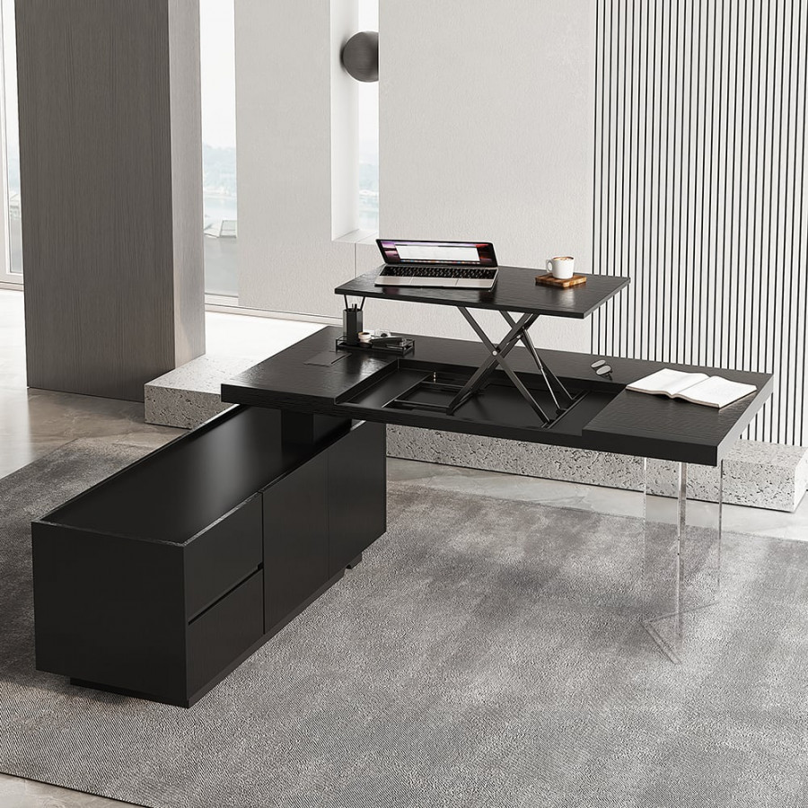 HMR 71.5" Modern L-Shape Standing Executive Desk with Side Cabinet and lifter Desktop - Black, Left Hand
