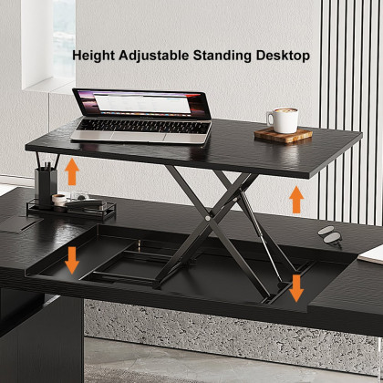 HMR 71.5" Modern L-Shape Standing Executive Desk with Side Cabinet and lifter Desktop - Black, Left Hand