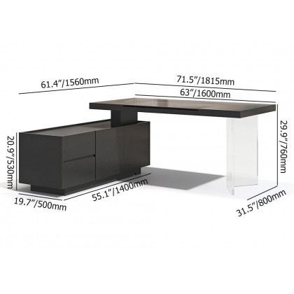 HMR 71.5" Modern L-Shape Standing Executive Desk with Side Cabinet and lifter Desktop - Black, Left Hand