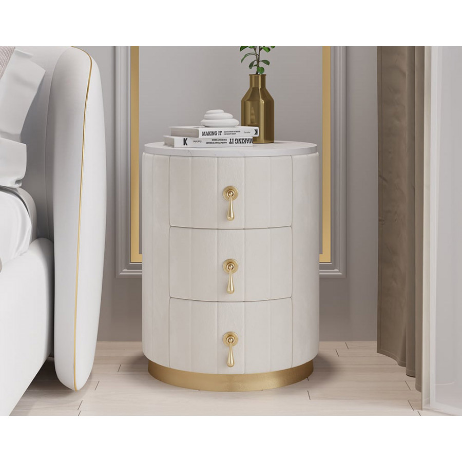 HMR 3-Drawer Round Nightstand (Set of 2) - White, Velvet