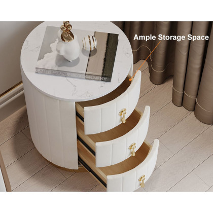 HMR 3-Drawer Round Nightstand (Set of 2) - White, Velvet