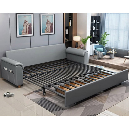 HMR Queen 2-Seater Sleeper Sofa - Light Gray, Leath-aire
