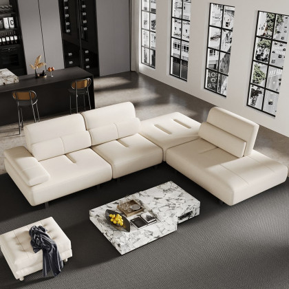 HMR - 134.6" White Leather Lounge Deep Seat Sectional Sofa with Adjustable Armrest & Backrest