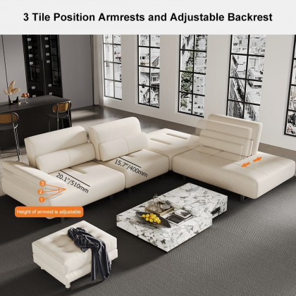 HMR - 134.6" White Leather Lounge Deep Seat Sectional Sofa with Adjustable Armrest & Backrest