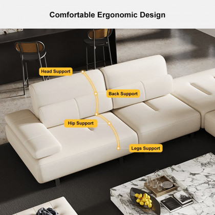 HMR - 134.6" White Leather Lounge Deep Seat Sectional Sofa with Adjustable Armrest & Backrest