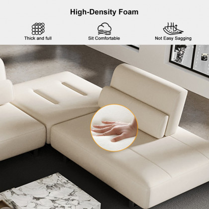 HMR - 134.6" White Leather Lounge Deep Seat Sectional Sofa with Adjustable Armrest & Backrest
