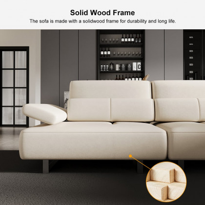 HMR - 134.6" White Leather Lounge Deep Seat Sectional Sofa with Adjustable Armrest & Backrest