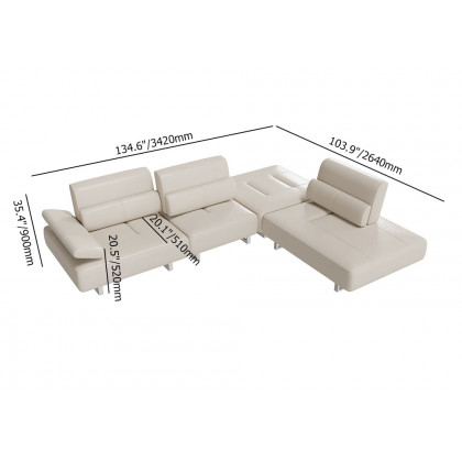HMR - 134.6" White Leather Lounge Deep Seat Sectional Sofa with Adjustable Armrest & Backrest