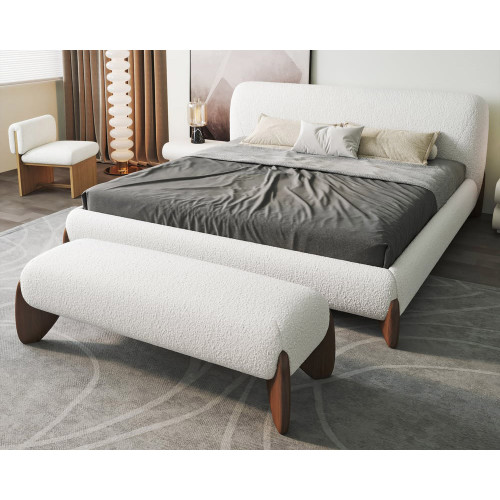 HMR - Curva White Boucle Platform Queen Size Bed & Bedroom Bench Set