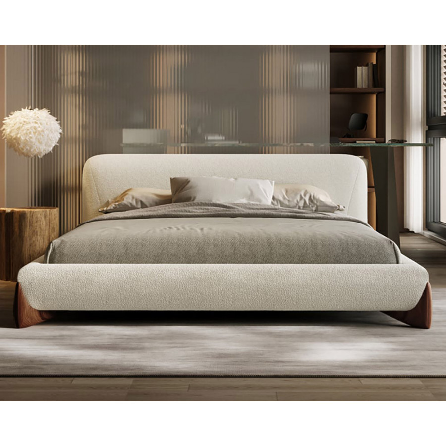HMR Curva Boucle Queen Upholstered Platform Bed with Walnut Legs - White, 60"Wx 80"L, Walnut