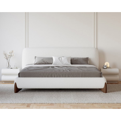 HMR Curva Boucle Queen Upholstered Platform Bed with Walnut Legs - White, 60"Wx 80"L, Walnut