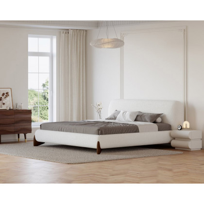 HMR Curva Boucle Queen Upholstered Platform Bed with Walnut Legs - White, 60"Wx 80"L, Walnut