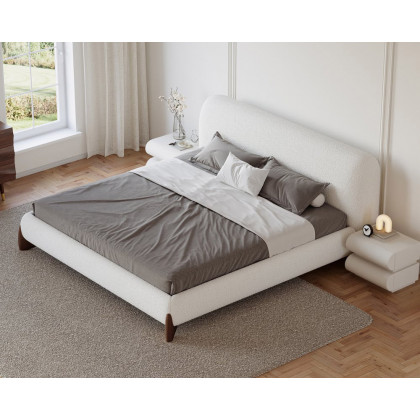 HMR Curva Boucle Queen Upholstered Platform Bed with Walnut Legs - White, 60"Wx 80"L, Walnut