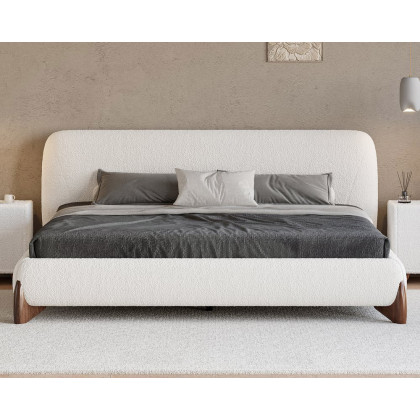 HMR Curva Boucle Queen Upholstered Platform Bed with Walnut Legs - White, 60"Wx 80"L, Walnut