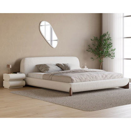 HMR Curva Boucle Queen Upholstered Platform Bed with Walnut Legs - White, 60"Wx 80"L, Walnut