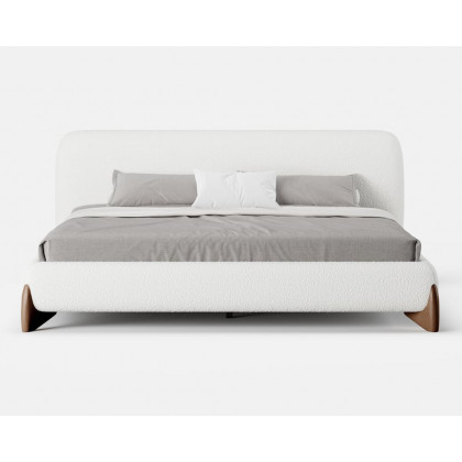 HMR Curva Boucle Queen Upholstered Platform Bed with Walnut Legs - White, 60"Wx 80"L, Walnut