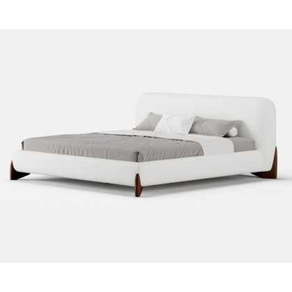 HMR Curva Boucle Queen Upholstered Platform Bed with Walnut Legs - White, 60"Wx 80"L, Walnut