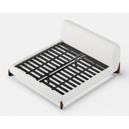 HMR Curva Boucle Queen Upholstered Platform Bed with Walnut Legs - White, 60"Wx 80"L, Walnut