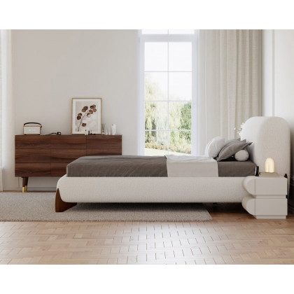 HMR Curva Boucle Queen Upholstered Platform Bed with Walnut Legs - White, 60"Wx 80"L, Walnut