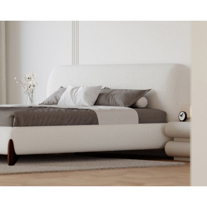 HMR Curva Boucle Queen Upholstered Platform Bed with Walnut Legs - White, 60"Wx 80"L, Walnut