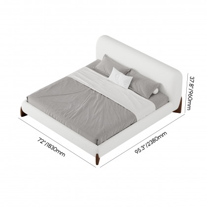 HMR Curva Boucle Queen Upholstered Platform Bed with Walnut Legs - White, 60"Wx 80"L, Walnut