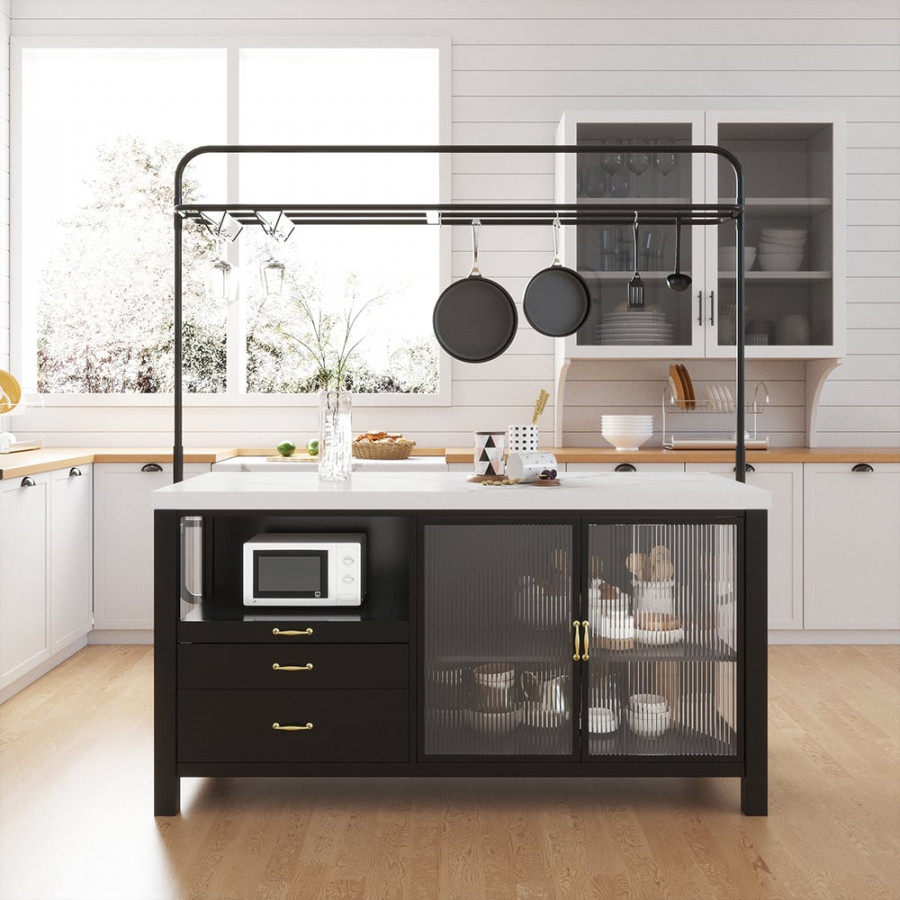HMR - 64'' Black Kitchen lsland with Pot Rack Marble Pattern Kitchen Cabinet with Storage