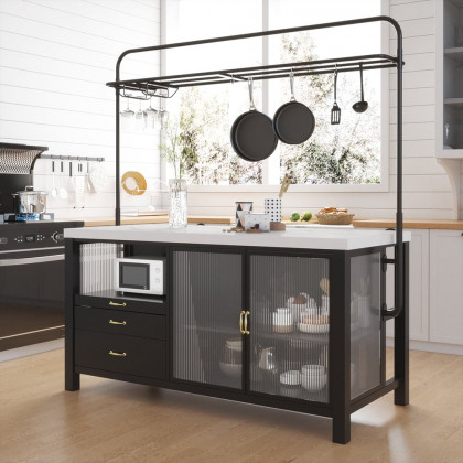 HMR - 64'' Black Kitchen lsland with Pot Rack Marble Pattern Kitchen Cabinet with Storage