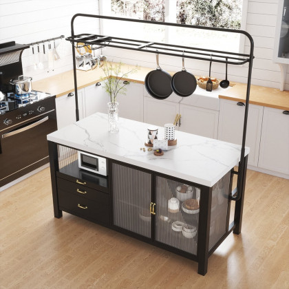 HMR - 64'' Black Kitchen lsland with Pot Rack Marble Pattern Kitchen Cabinet with Storage