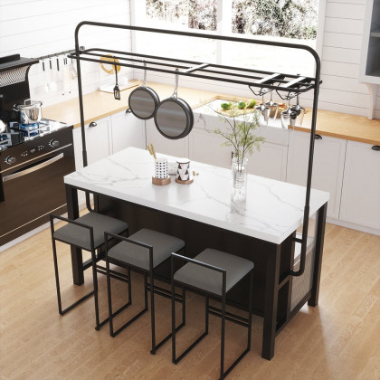 HMR - 64'' Black Kitchen lsland with Pot Rack Marble Pattern Kitchen Cabinet with Storage