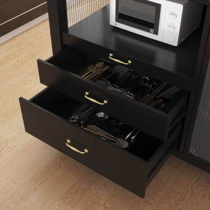 HMR - 64'' Black Kitchen lsland with Pot Rack Marble Pattern Kitchen Cabinet with Storage
