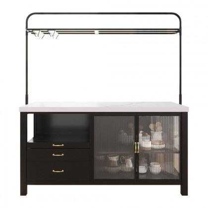 HMR - 64'' Black Kitchen lsland with Pot Rack Marble Pattern Kitchen Cabinet with Storage