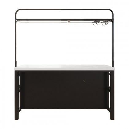HMR - 64'' Black Kitchen lsland with Pot Rack Marble Pattern Kitchen Cabinet with Storage