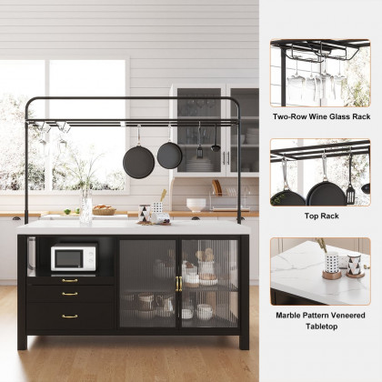 HMR - 64'' Black Kitchen lsland with Pot Rack Marble Pattern Kitchen Cabinet with Storage