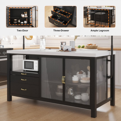 HMR - 64'' Black Kitchen lsland with Pot Rack Marble Pattern Kitchen Cabinet with Storage