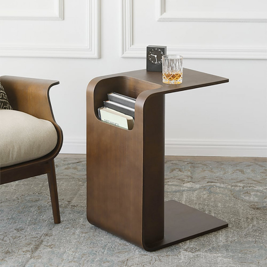 HMR C-Shaped Convertible Wood Side Table with Storage - Walnut