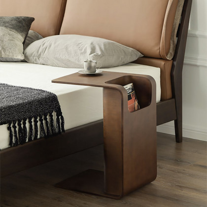 HMR C-Shaped Convertible Wood Side Table with Storage - Walnut