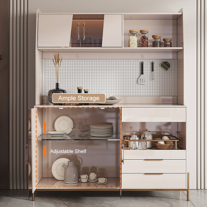 HMR - Dolawn 57" Light Khaki Freestanding Kitchen Pantry Hutch Tall Storage Adjustable Shelf