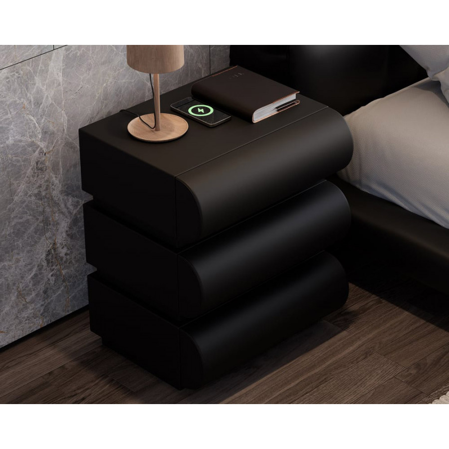 HMR Humply Modern Leather Smart Nightstand with Wireless Charger Drawers - Black, 3-Drawer, Single