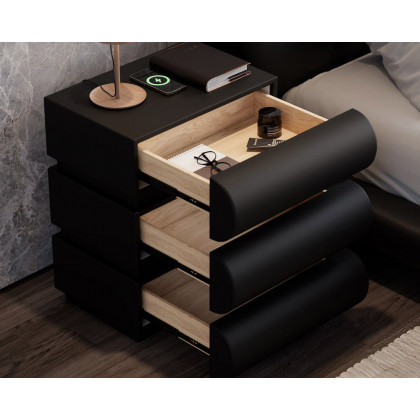 HMR Humply Modern Leather Smart Nightstand with Wireless Charger Drawers - Black, 3-Drawer, Single