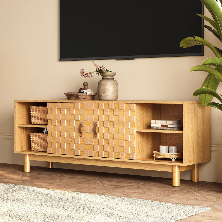 HMR - 62.2" Natural Wood Mid Century TV Stand with Storage