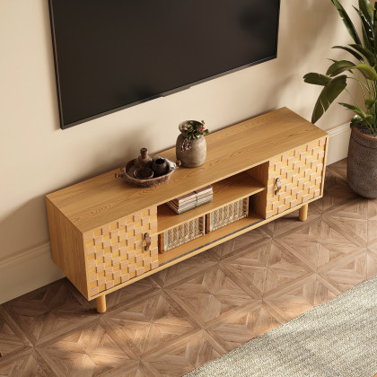 HMR - 62.2" Natural Wood Mid Century TV Stand with Storage