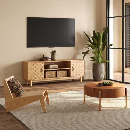 HMR - 62.2" Natural Wood Mid Century TV Stand with Storage